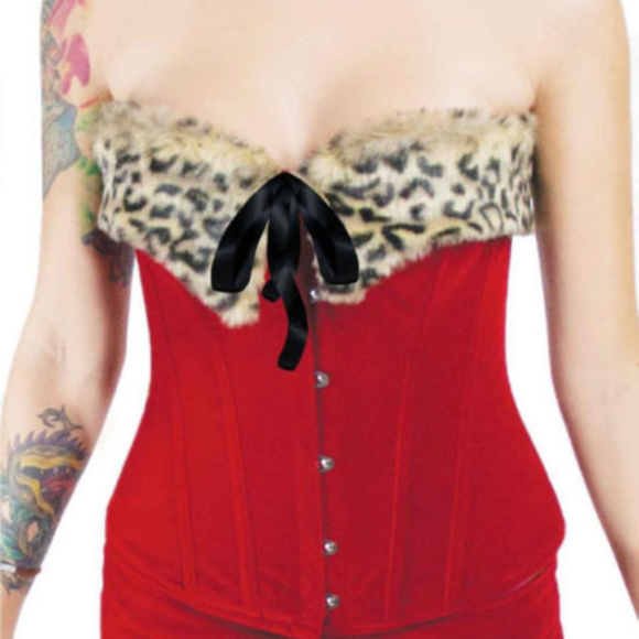 Red Velvet Corset w Faux Leopard Fur & Micro Skirt - Picture 3 of 3
